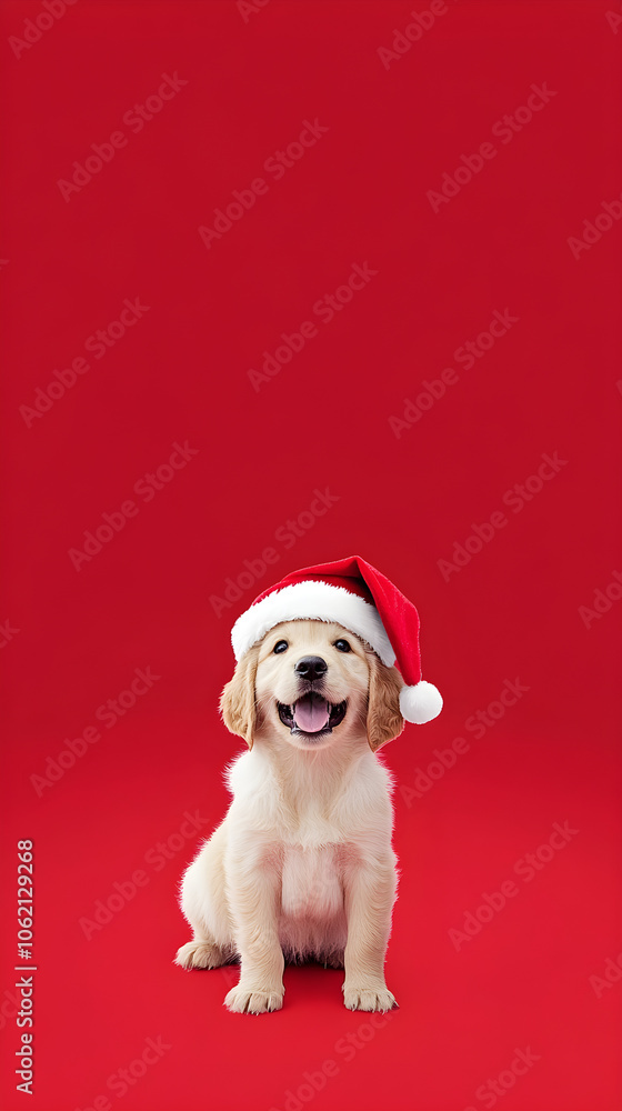 A golden retriever puppy wearing a red Santa hat smiles joyfully against a bright red background A golden retriever puppy wearing a red Santa hat smiles joyfully against a bright red background
