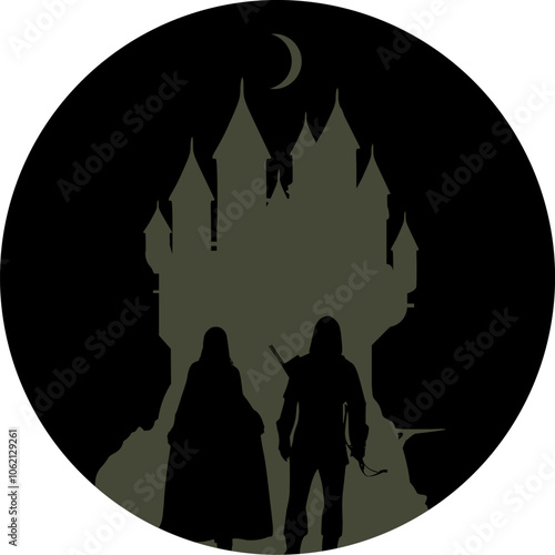 Vektor Silhouetten Fantasy - Festung mit Personen und Mond