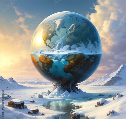 Illustration of Earth planet globe frozen in ice and snow with winter landscape.