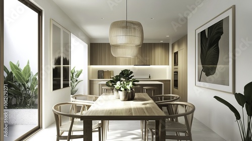 In this minimalist Scandinavian dining room, a beautiful wooden table and matching chairs create an inviting atmosphere, complemented by large framed wall art on the pristine white walls. 