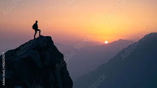 A person silhouetted against a beautiful sunrise, standing on a steep mountain edge, representing life challenges conquered and future aspirations