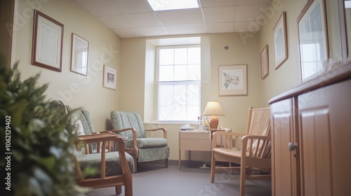 A bright and inviting waiting room with two comfortable chairs, a side table with a lamp, and artwork on the walls.