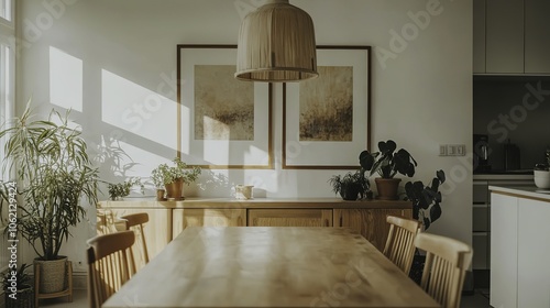 In this minimalist Scandinavian dining room, a beautiful wooden table and matching chairs create an inviting atmosphere, complemented by large framed wall art on the pristine white walls. 