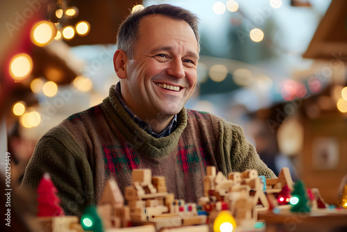 A middle-aged man of european descent smiles warmly while seated at a holiday market surrounded by festive decorations photo