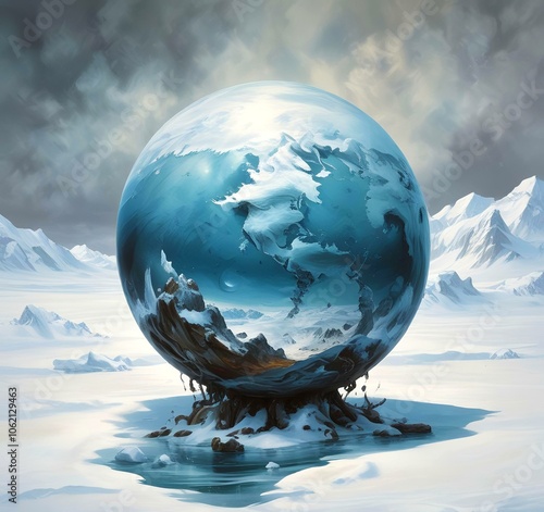 Illustration of Earth planet globe frozen in ice and snow with winter landscape.