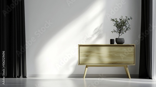 A modern minimalist sideboard made of solid wood, featuring a light oak grain finish, designed with two drawers and an open storage space. 