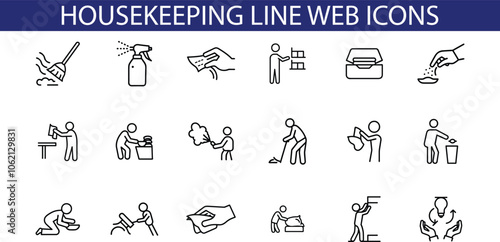 Housekeeping Line Web Icons Set For Cleaning