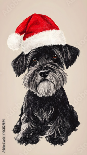 A schnauzer with a fluffy red Santa hat sits adorably against a soft background, exuding holiday cheer and charm