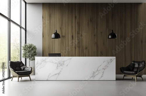  Sleek modern reception area showcasing a white marble counter