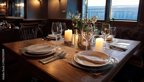 Elegant table setting with candles in restaurant. Selective focus. Romantic dinner setting