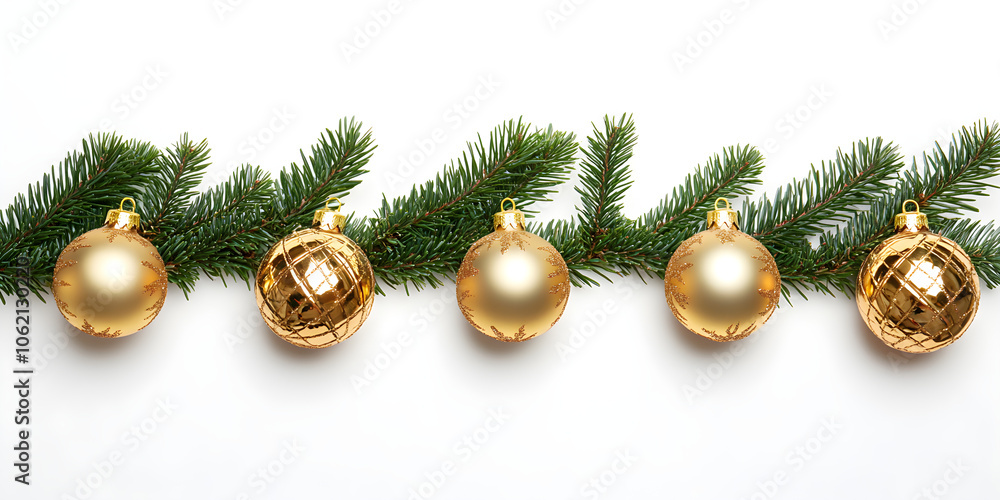 Stylish minimalistic banner featuring gold Christmas ornaments and evergreen branches on a white background perfect for holiday greetings Stylish minimalistic banner featuring gold Christmas ornaments and evergreen branches on a white background perfect for holiday greetings