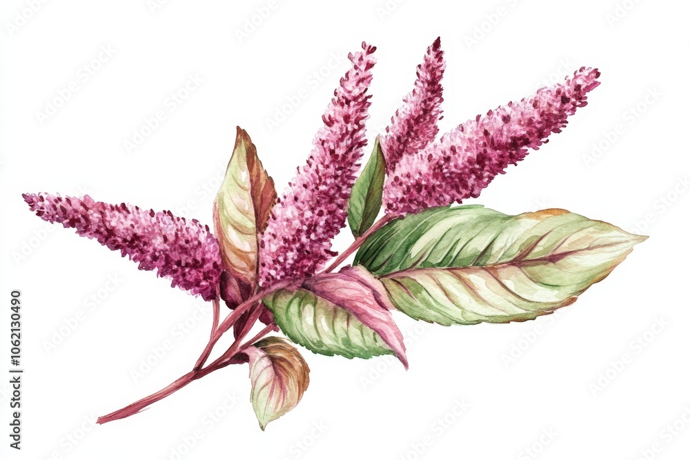 Obraz premium Watercolor illustration featuring an amaranth plant with pink flowers and green leaves, ideal for seed packaging or botanical designs