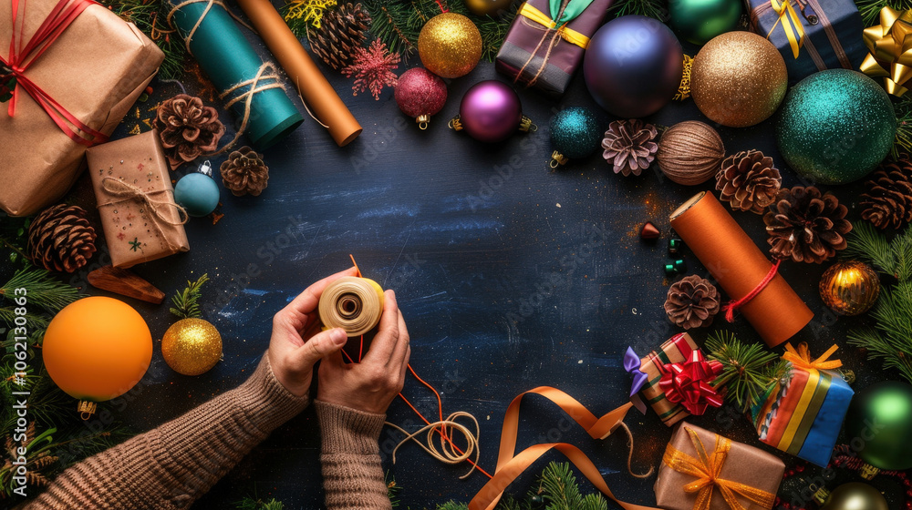 close up of hands wrapping Christmas gifts surrounded by colorful decorations, including ornaments, pine cones, and festive wrapping paper, creating joyful holiday atmosphere close up of hands wrapping Christmas gifts surrounded by colorful decorations, including ornaments, pine cones, and festive wrapping paper, creating joyful holiday atmosphere