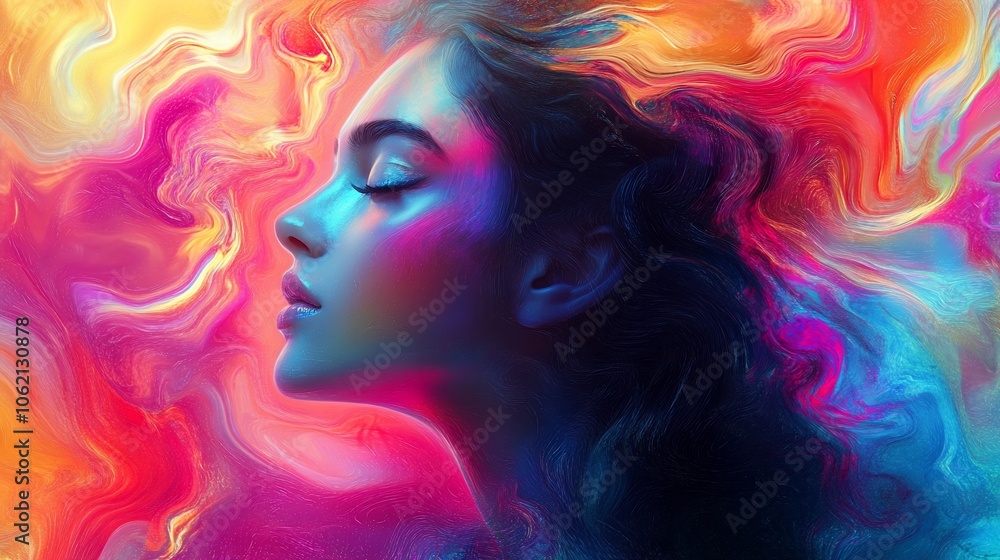 Woman's profile with colorful liquid abstract background. Woman's profile with colorful liquid abstract background.