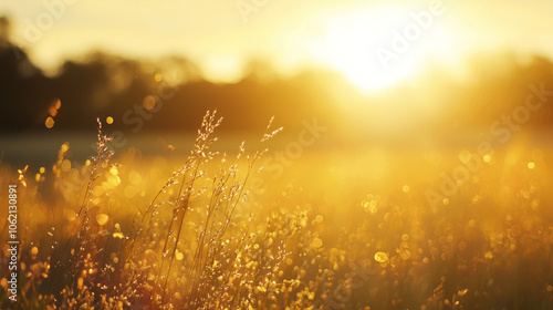 Golden sunrise illuminating a grassy field with dew in the early morning