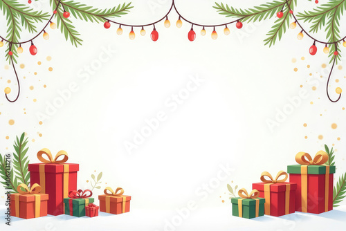 A beautifully decorated backdrop features vibrant gift boxes, glowing lights, and falling snowflakes, perfect for festive winter celebrations and holiday gatherings. Place for the text in center.