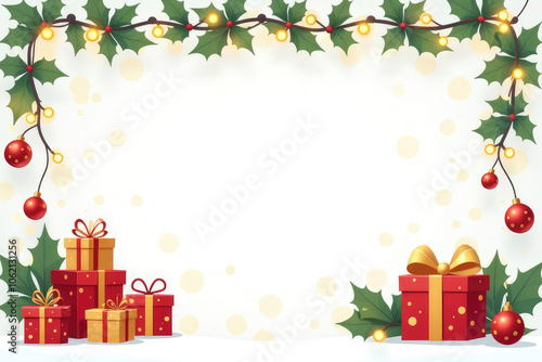 A beautifully decorated backdrop features vibrant gift boxes, glowing lights, and falling snowflakes, perfect for festive winter celebrations and holiday gatherings. Place for the text in center.