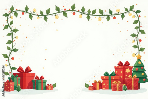 A beautifully decorated backdrop features vibrant gift boxes, glowing lights, and falling snowflakes, perfect for festive winter celebrations and holiday gatherings. Place for the text in center.