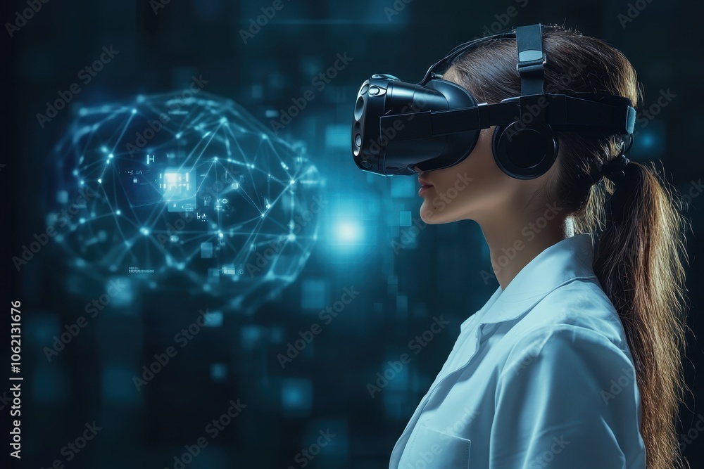 A woman explores virtual reality in a high-tech environment during a digital interaction A woman explores virtual reality in a high-tech environment during a digital interaction