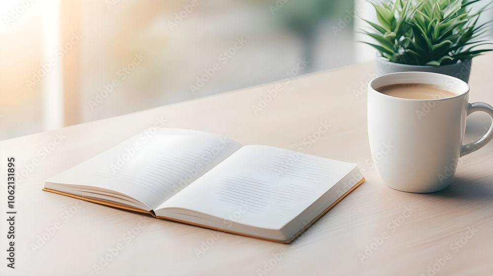 Fototapeta premium A beautifully arranged concept of journaling, featuring a neatly opened notebook with blank pages ready for 