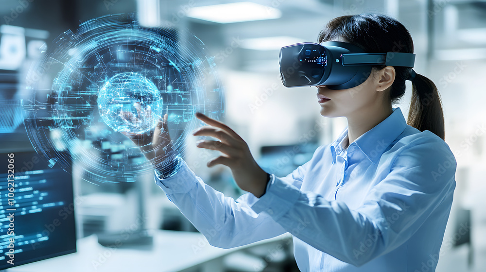 Young professional using VR goggles to interact with virtual elements Young professional using VR goggles to interact with virtual elements