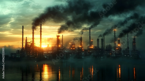 Industrial landscape with smokestacks and sunset reflections on water