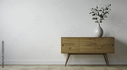 An elegant and minimalist wooden cabinet designed for a television, featuring a light wood color and two drawers on the top section with one door at each end. 