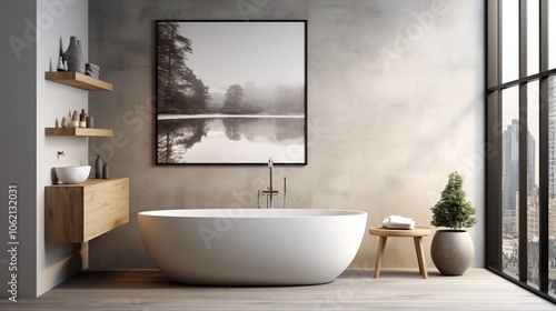 Modern bathroom with a freestanding bathtub in a minimalist design. 3D Rendering 