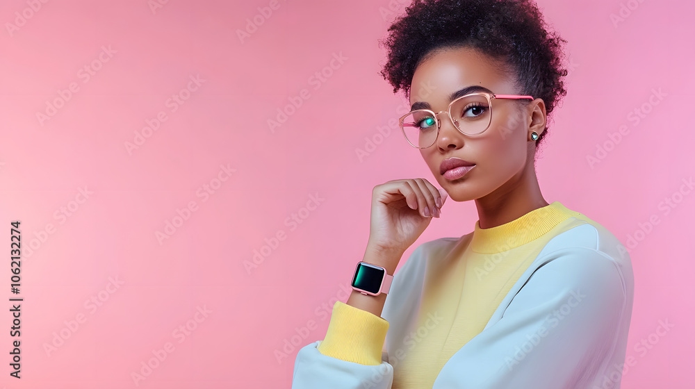 Stylish woman wearing glasses and smartwatch against pink background Stylish woman wearing glasses and smartwatch against pink background