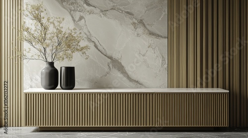 Elegant modern minimalist solid wood cabinet with natural light and soft lighting, featuring a clean background wall and solid-color wallpaper. 