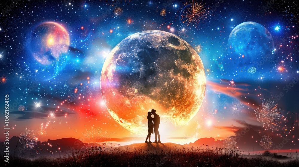 Fototapeta premium couple sharing romantic kiss under starry sky with large moon and colorful cosmic elements creates dreamy atmosphere. scene evokes feelings of love and wonder