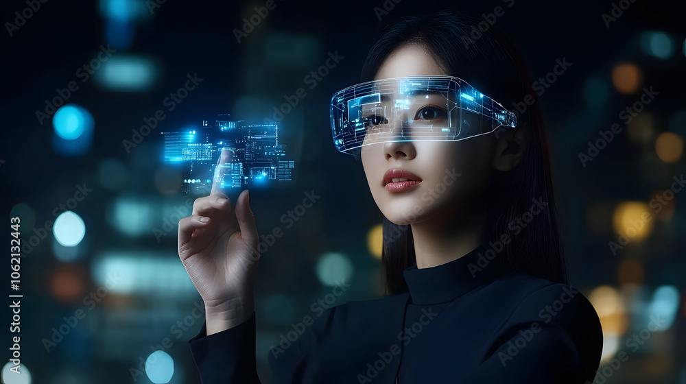 professional woman using smart glasses for translation at night professional woman using smart glasses for translation at night
