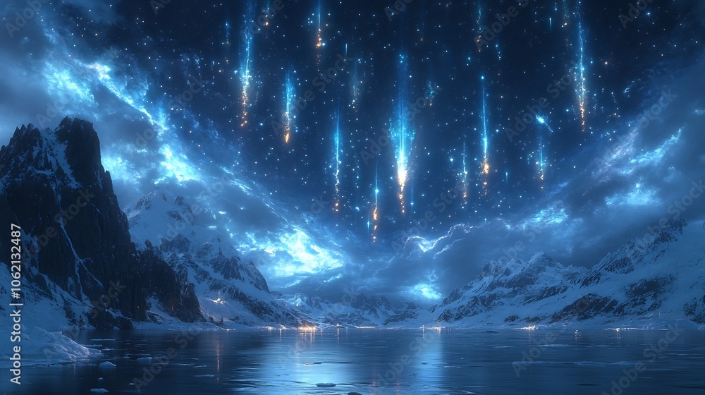Obraz premium Night scene of meteors scattering across sky with their glowing tails reflecting off the icy terrain evoking the mysteries of possible extraterrestrial impacts in the Younger Dryas