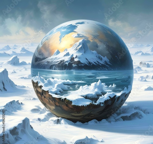 Illustration of Earth planet globe frozen in ice and snow with winter landscape.