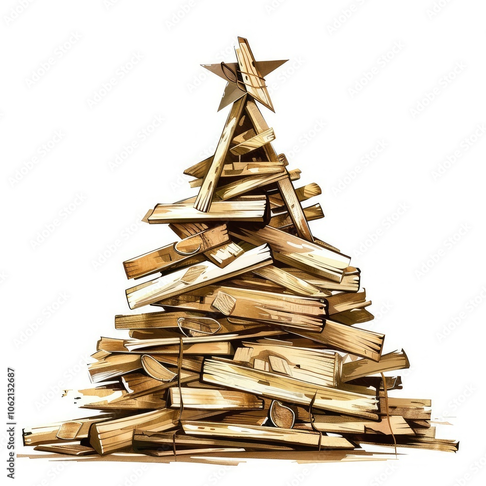 A Christmas tree made of stacked firewood. A Christmas tree made of stacked firewood.