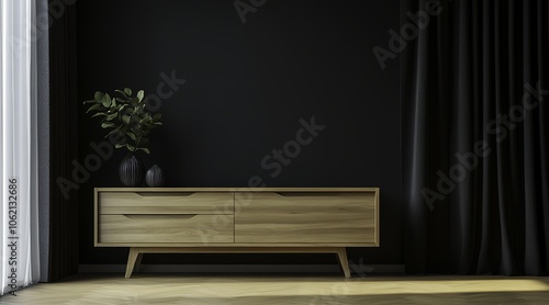 A modern minimalist sideboard made of solid wood, featuring a light oak grain finish, designed with two drawers and an open storage space. 