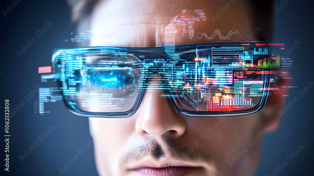 Person analyzing data with augmented reality glasses, immersed in technology Person analyzing data with augmented reality glasses, immersed in technology
