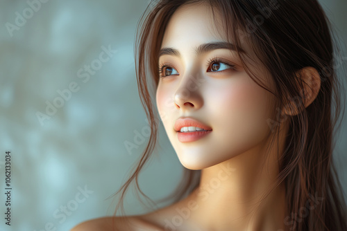 Portrait Woman with long brown hair and a pretty face. She is smiling. The photo is in color. Concept of beautiful skinned woman, positive thinking woman.