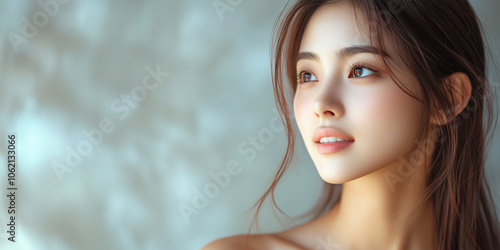 Portrait Woman with long brown hair and a white background. She is smiling. She has a white eye shadow. Concept of beautiful skinned woman, positive thinking woman.