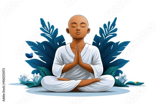 a 2D cartoon illustration of a person practicing deep breathing meditation relaxation white background photo