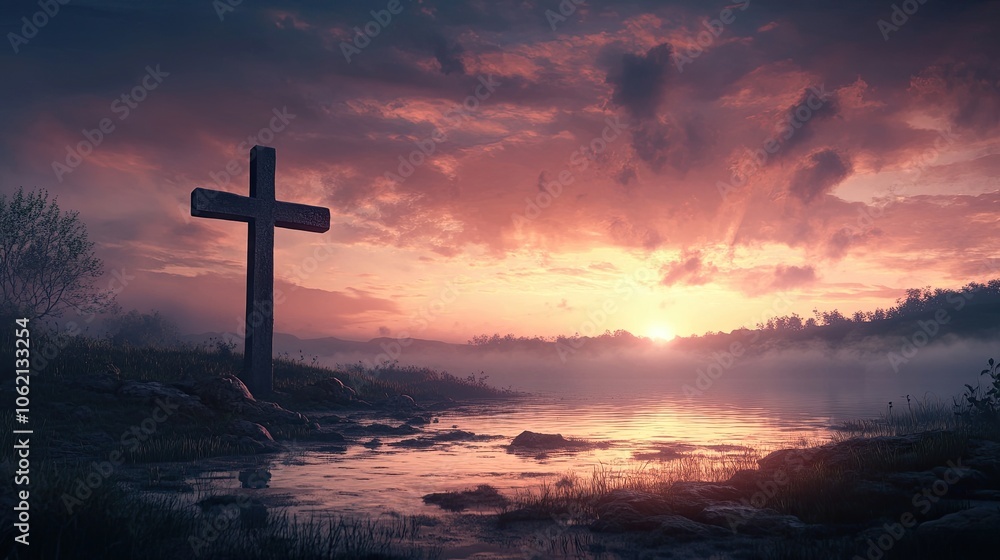 sunrise with christian cross in a unique background, with copy space sunrise with christian cross in a unique background, with copy space
