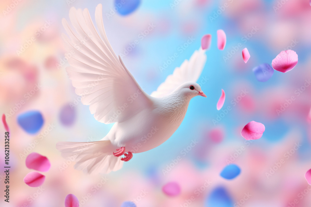 Fototapeta premium A white dove flying gracefully among colorful flower petals in springtime