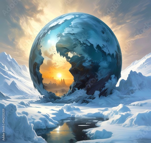 Illustration of Earth planet globe frozen in ice and snow with winter landscape.