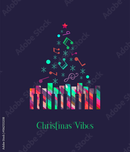 Christmas Vibes Holiday Music colorful vector icon. Winter Season Holidays Live Music event. Piano, x-mas tree cartoon illustration. Christmas Tunes, Festive Night celebration, performance background