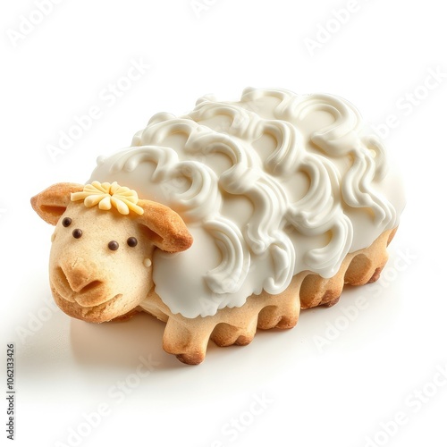 Cute white sheep shaped cookie on white background.