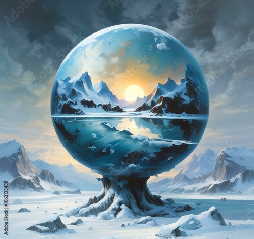 Illustration of Earth planet globe frozen in ice and snow with winter landscape.