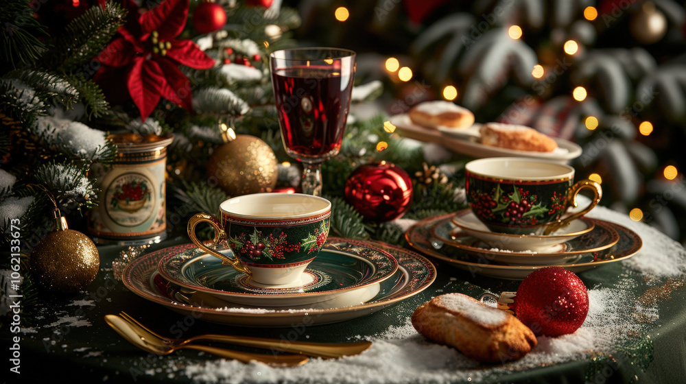 Fototapeta premium cozy holiday table setting featuring elegant cups, festive decorations, and delicious treats, creating warm and inviting atmosphere for celebration
