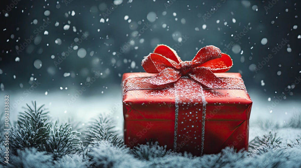 red New Year's gift box lies on the snow in winter, Christmas gifts lying on snow red New Year's gift box lies on the snow in winter, Christmas gifts lying on snow