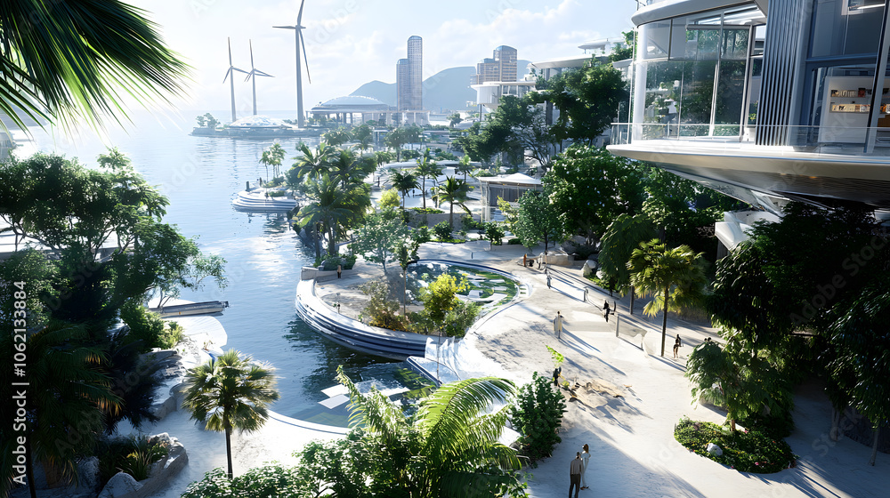 Fototapeta premium Modern waterfront cityscape with wind turbines and lush greenery