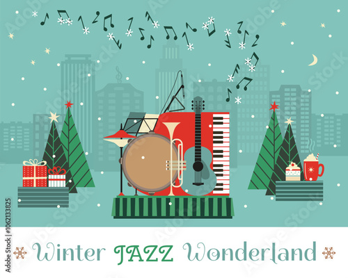 Winter Jazz Wonderland fancy festive vector poster. Saxophone Live Music cute hand drawn minimal design element illustration. Christmas season Holiday celebration, live concert performance background